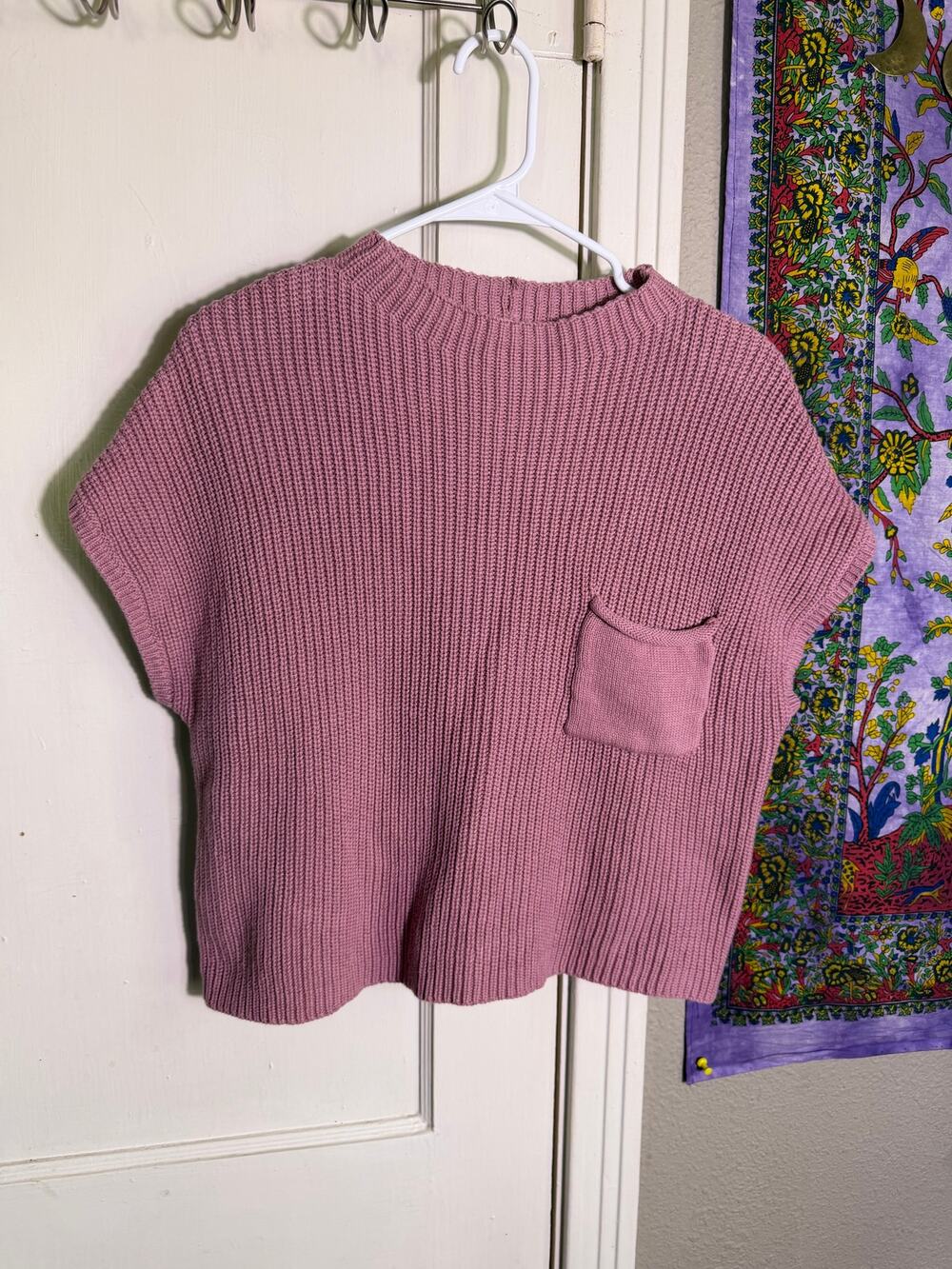 Zenana Medium Mauve Ribbed Knit Sweater Top 100% Cotton Pocket Oversized